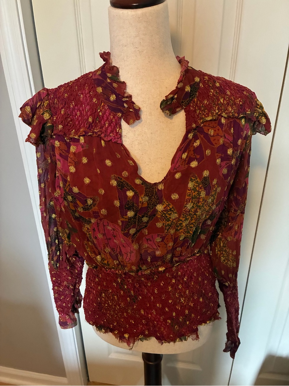 FARM Rio Burgundy Floral Smocked Ruffle Blouse